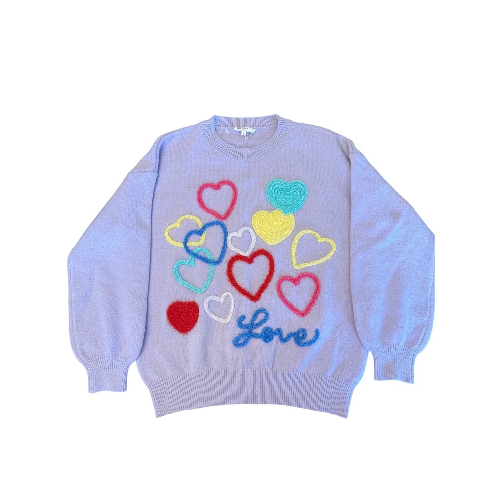 Entro Women Lavender Heart Love Embroidered Knit Sweater Small Spring Embroidery